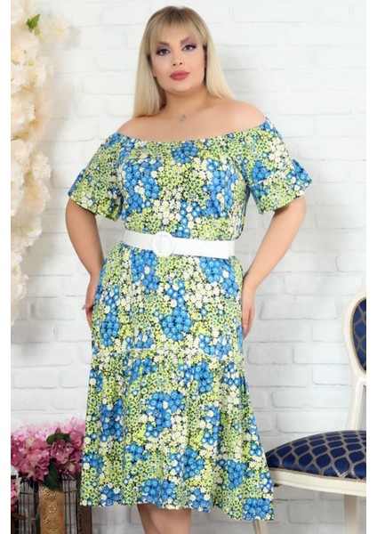 Özel Tasarım Madonna Yaka Çiçekli Kısa Kol Kemerli Rahat Elbise fiyatları