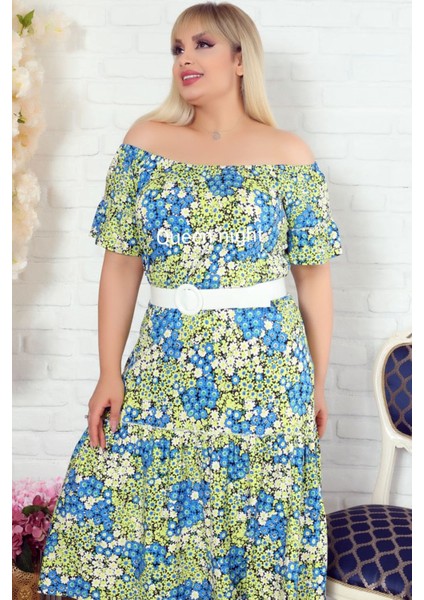 Özel Tasarım Madonna Yaka Çiçekli Kısa Kol Kemerli Rahat Elbise modelleri