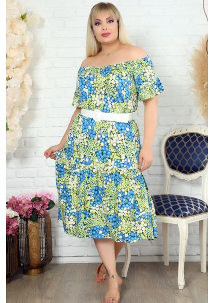 Özel Tasarım Madonna Yaka Çiçekli Kısa Kol Kemerli Rahat Elbise fırsatları