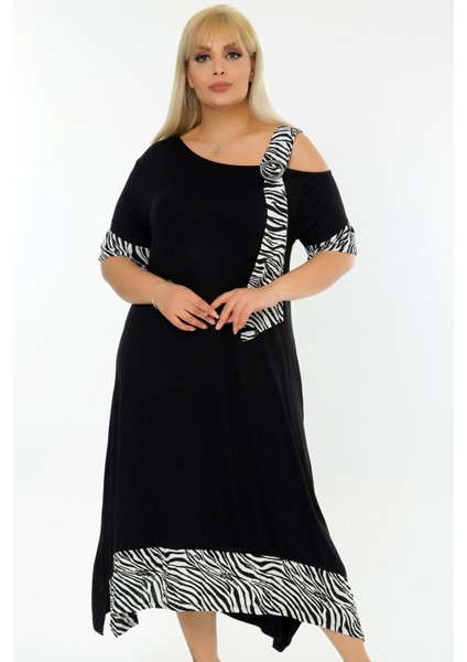 Zebra Desen Omuz Dekolteli Tokalı Asimetrik Likralı Abiye Elbise