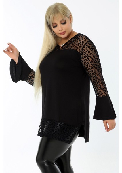 Tül Üzeri Flok Baskılı Yakası Zincir Detaylı Uzun Kollu Bluz fiyatları