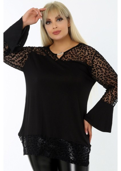 Tül Üzeri Flok Baskılı Yakası Zincir Detaylı Uzun Kollu Bluz modelleri