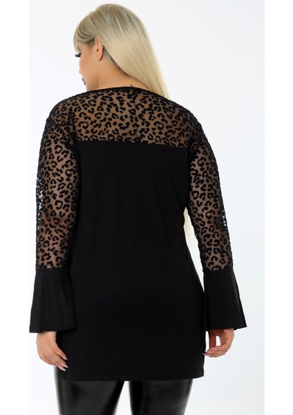 Tül Üzeri Flok Baskılı Yakası Zincir Detaylı Uzun Kollu Bluz fırsatları