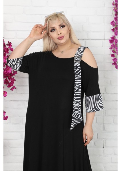 Asimetrik Omuz Detaylı Tokalı Zebra Desen Viskon Likralı Elbise