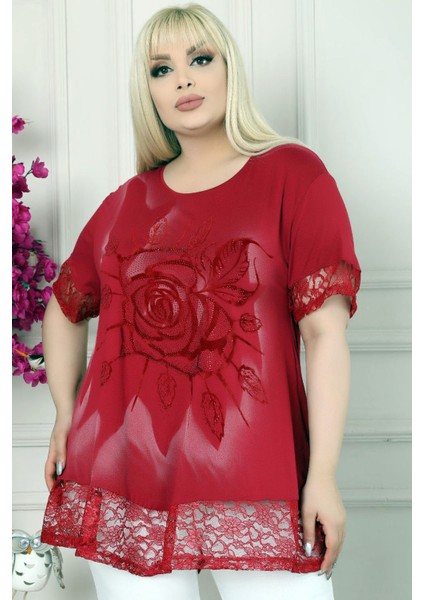 Etek ve Kol Ucu Dantelli Flok Baskılı Gül Motifli Kısa Kol Tunik fiyatları