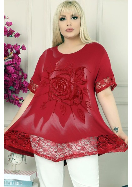 Etek ve Kol Ucu Dantelli Flok Baskılı Gül Motifli Kısa Kol Tunik modelleri