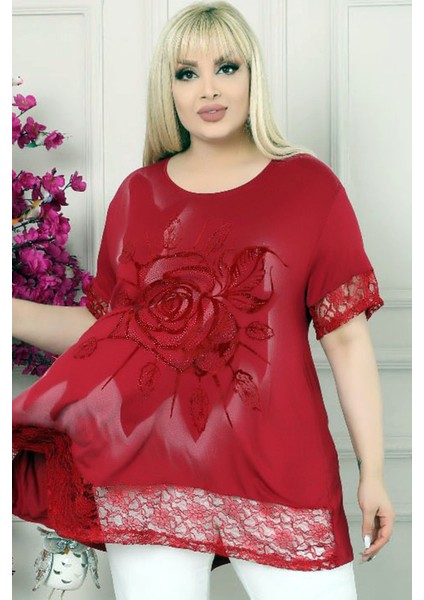 Etek ve Kol Ucu Dantelli Flok Baskılı Gül Motifli Kısa Kol Tunik fırsatları