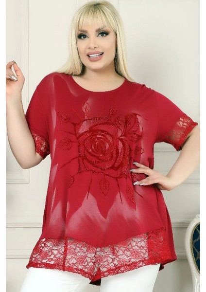 Etek ve Kol Ucu Dantelli Flok Baskılı Gül Motifli Kısa Kol Tunik indirimleri