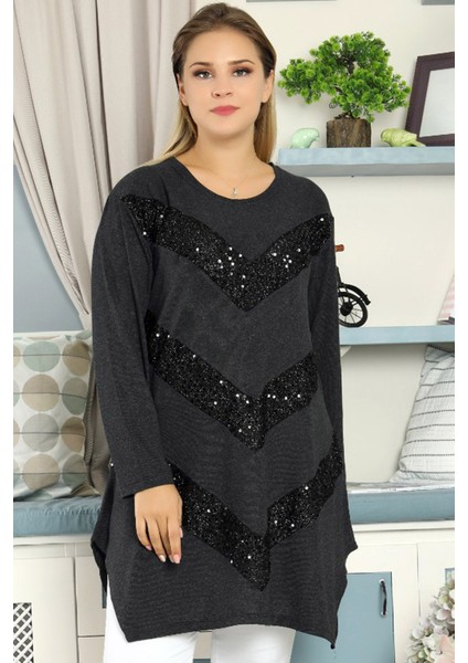 Önü V Taş Detaylı Yuvarlak Yaka Uzun Kol Dökümlü Rahat Bluz modelleri