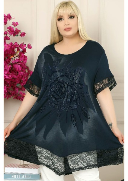 Etek ve Kol Ağzı Dantelli Flok Baskılı Gül Motifli Tunik