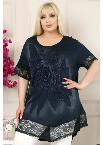 Etek ve Kol Ağzı Dantelli Flok Baskılı Gül Motifli Tunik fiyatları