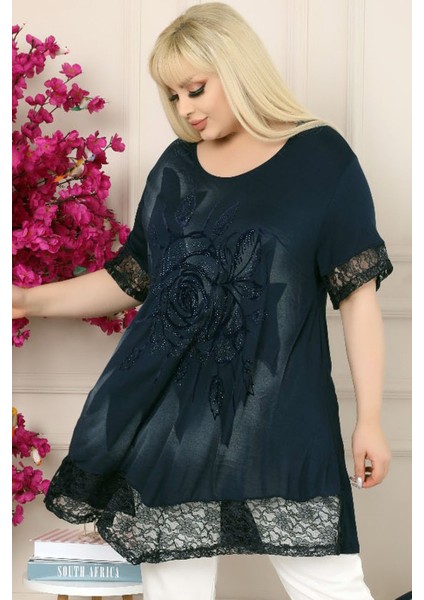 Etek ve Kol Ağzı Dantelli Flok Baskılı Gül Motifli Tunik modelleri