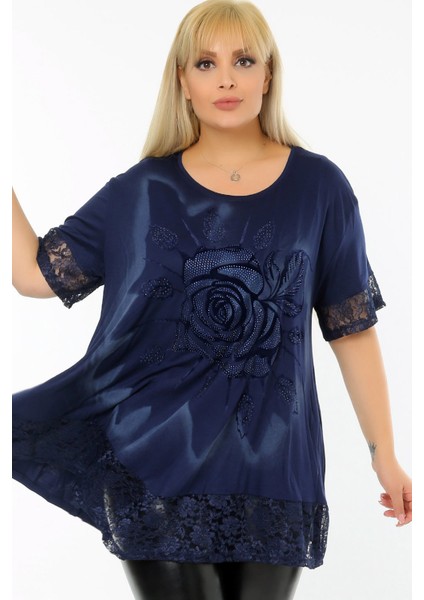 Etek ve Kol Ucu Dantelli Flok Baskılı Gül Motifli Kısa Kol Tunik fiyatları