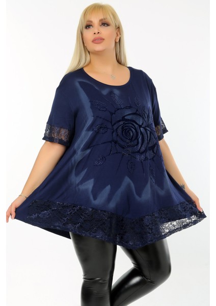 Etek ve Kol Ucu Dantelli Flok Baskılı Gül Motifli Kısa Kol Tunik modelleri