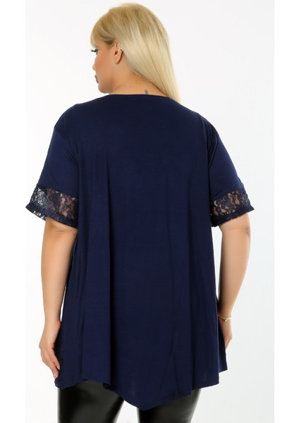 Etek ve Kol Ucu Dantelli Flok Baskılı Gül Motifli Kısa Kol Tunik fırsatları