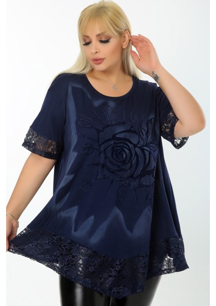 Etek ve Kol Ucu Dantelli Flok Baskılı Gül Motifli Kısa Kol Tunik indirimleri