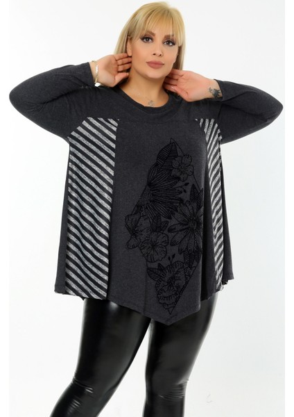 Önü Çiçek Taş Baskılı Bloklu Uzun Kol Dökümlü Asimetrik Tunik