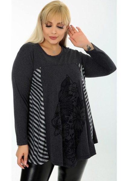 Önü Çiçek Taş Baskılı Bloklu Uzun Kol Dökümlü Asimetrik Tunik fiyatları