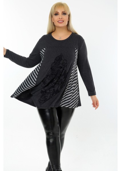 Önü Çiçek Taş Baskılı Bloklu Uzun Kol Dökümlü Asimetrik Tunik modelleri