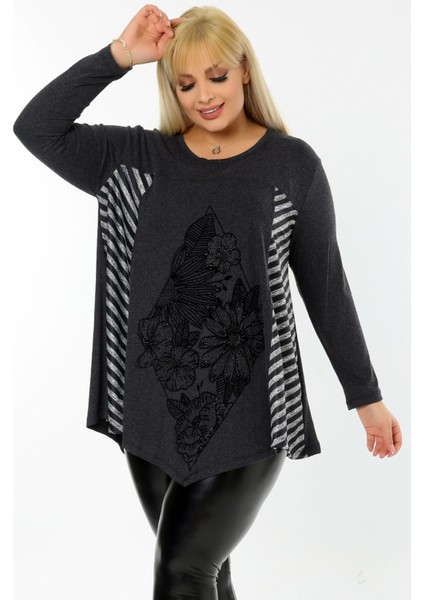 Önü Çiçek Taş Baskılı Bloklu Uzun Kol Dökümlü Asimetrik Tunik indirimleri