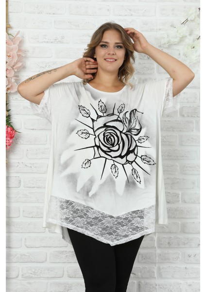 Etek ve Kol Ağzı Dantelli Flok Baskılı Gül Motifli Bluz