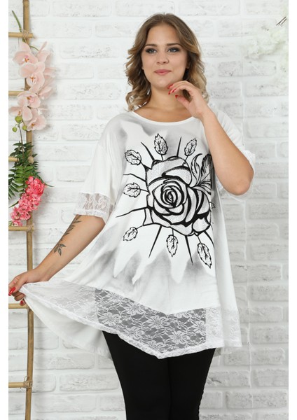 Etek ve Kol Ağzı Dantelli Flok Baskılı Gül Motifli Bluz fiyatları