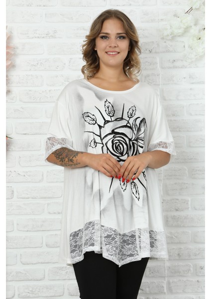 Etek ve Kol Ağzı Dantelli Flok Baskılı Gül Motifli Bluz modelleri