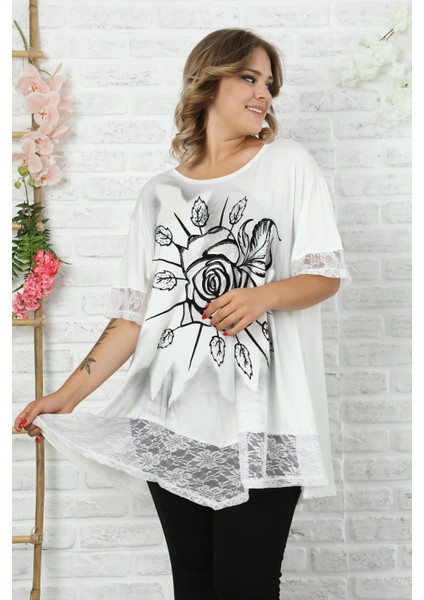 Etek ve Kol Ağzı Dantelli Flok Baskılı Gül Motifli Bluz fırsatları