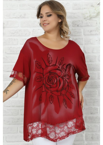 Etek ve Kol Ucu Dantelli Flok Baskılı Gül Motifli Kısa Kol Tunik