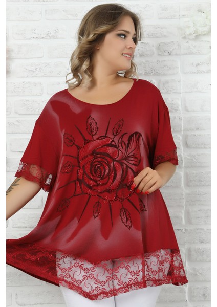 Etek ve Kol Ucu Dantelli Flok Baskılı Gül Motifli Kısa Kol Tunik fiyatları
