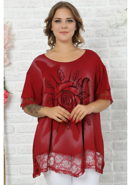 Etek ve Kol Ucu Dantelli Flok Baskılı Gül Motifli Kısa Kol Tunik modelleri
