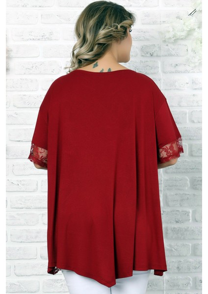 Etek ve Kol Ucu Dantelli Flok Baskılı Gül Motifli Kısa Kol Tunik fırsatları