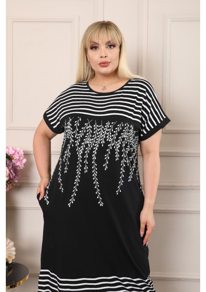 Zeytin Dallı Rahat Bloklu Dökümlü ve Cepli Kısa Kollu Elbise