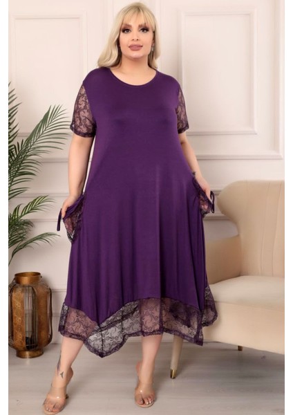 Etek Ucu Kolları ve Cepleri Dantel Detaylı Kısa Kollu Elbise