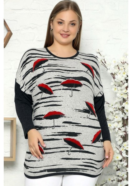 Özel Tasarım Taş Işlemeli Düşük Omuz Uzun Kol Şemsiye Desen Bluz