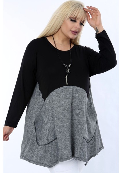 Çift Renk Bloklu Cepli Kolyeli Asimetrik Dökümlü Rahat Tunik