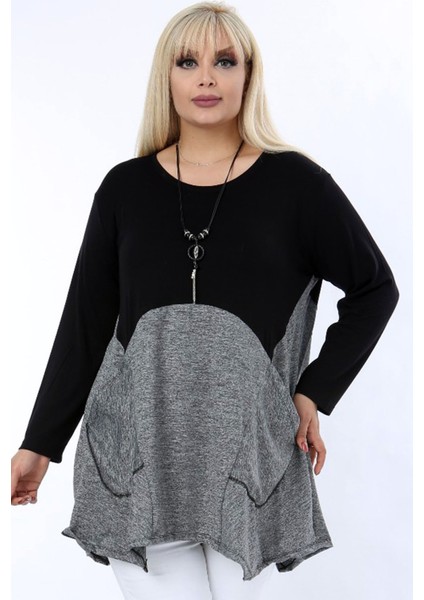 Çift Renk Bloklu Cepli Kolyeli Asimetrik Dökümlü Rahat Tunik fiyatları