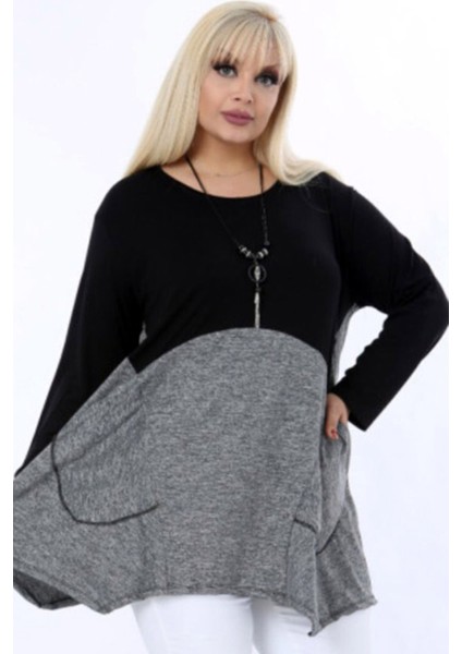 Çift Renk Bloklu Cepli Kolyeli Asimetrik Dökümlü Rahat Tunik modelleri