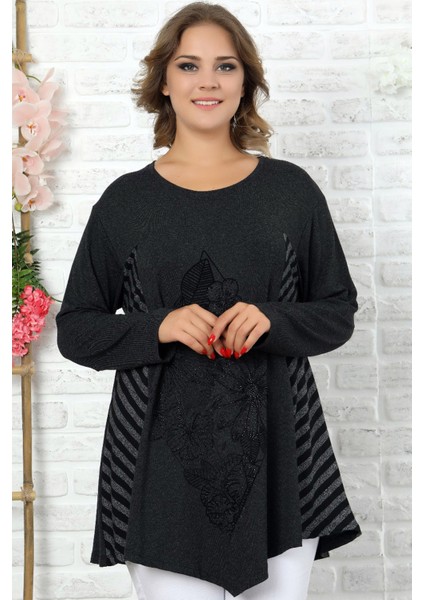 Önü Çiçek Taş Baskılı Bloklu Uzun Kol Dökümlü Asimetrik Tunik modelleri
