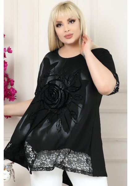 Etek ve Kol Ağzı Dantelli Flok Baskılı Gül Motifli Tunik