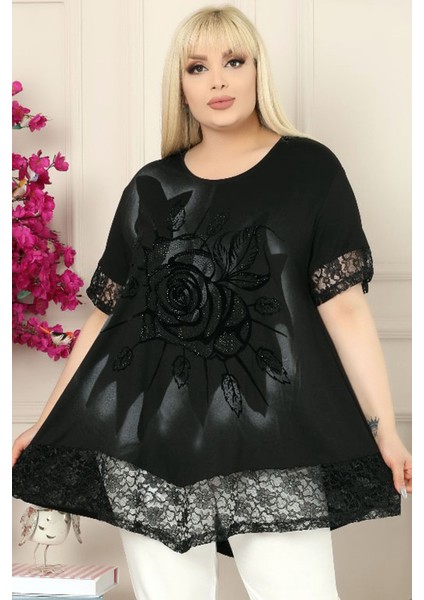 Etek ve Kol Ağzı Dantelli Flok Baskılı Gül Motifli Tunik fiyatları