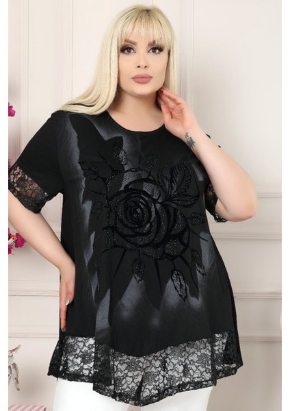 Etek ve Kol Ağzı Dantelli Flok Baskılı Gül Motifli Tunik modelleri