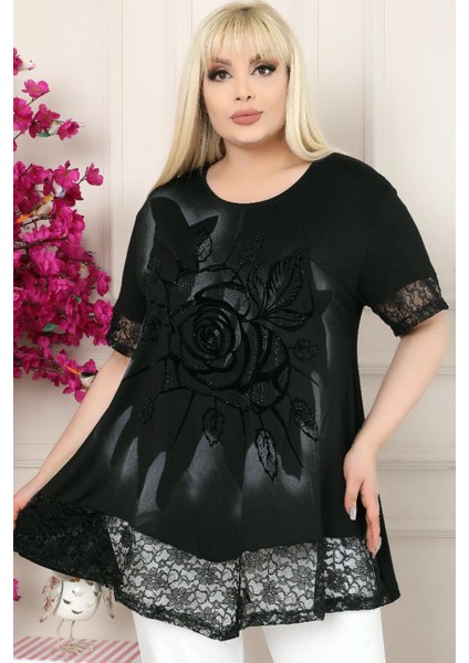 Etek ve Kol Ağzı Dantelli Flok Baskılı Gül Motifli Tunik fırsatları