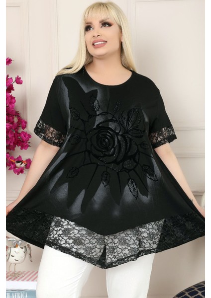 Etek ve Kol Ağzı Dantelli Flok Baskılı Gül Motifli Tunik indirimleri