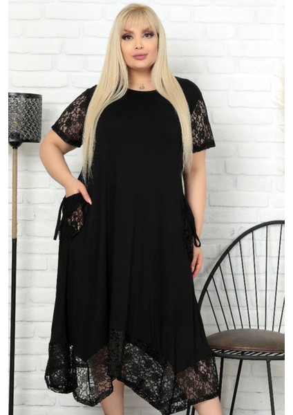 Etek Ucu Kol ve Cepleri Dantel Kısa Kol Rahat Abiye Elbise modelleri