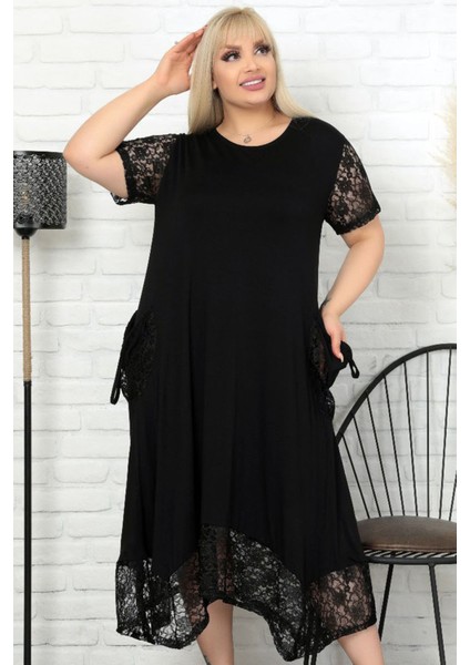 Etek Ucu Kol ve Cepleri Dantel Kısa Kol Rahat Abiye Elbise fırsatları