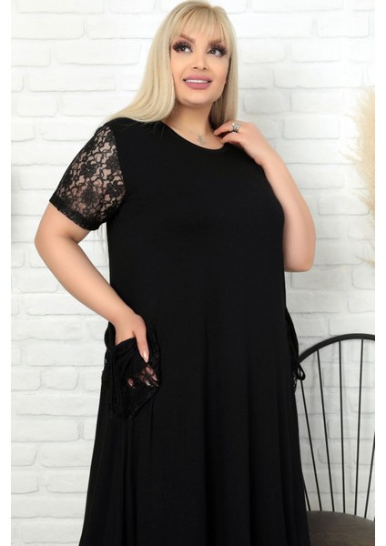 Etek Ucu Kol ve Cepleri Dantel Kısa Kol Rahat Abiye Elbise indirimleri