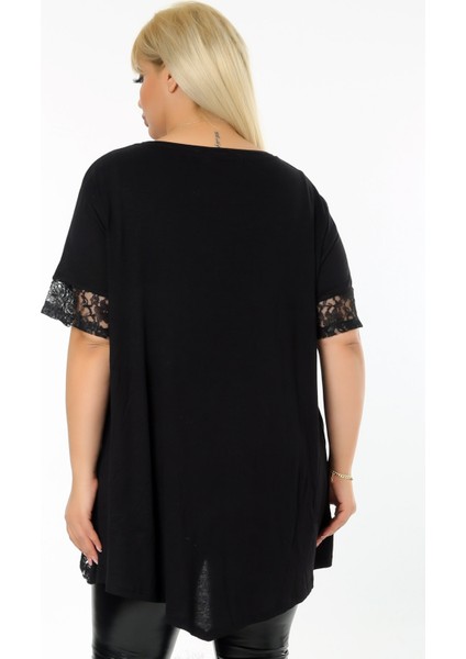 Flok Baskılı Gül Motifli Etek ve Kol Ucu Dantelli Kısa Kol Bluz fırsatları