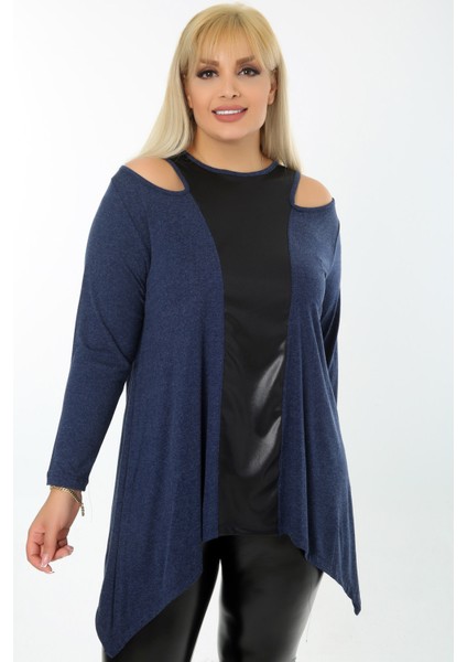 Omuz Dekolteli Yakası ve Önü Deri Bloklu Asimetrik Uzun Kol Tunik