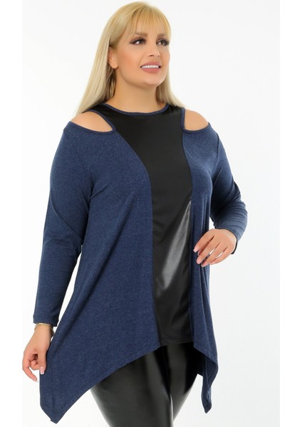 Omuz Dekolteli Yakası ve Önü Deri Bloklu Asimetrik Uzun Kol Tunik fiyatları